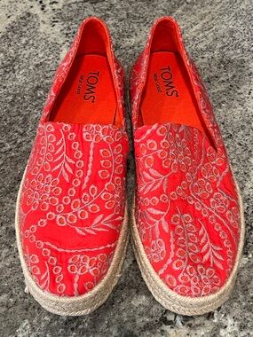 TOMS Red Embroidered Espadrille Slip-Ons
